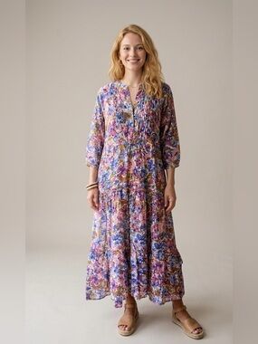 Banjanan Iris Floral Tiered Maxi Dress - Pink, Blue & olive - Size Medium
